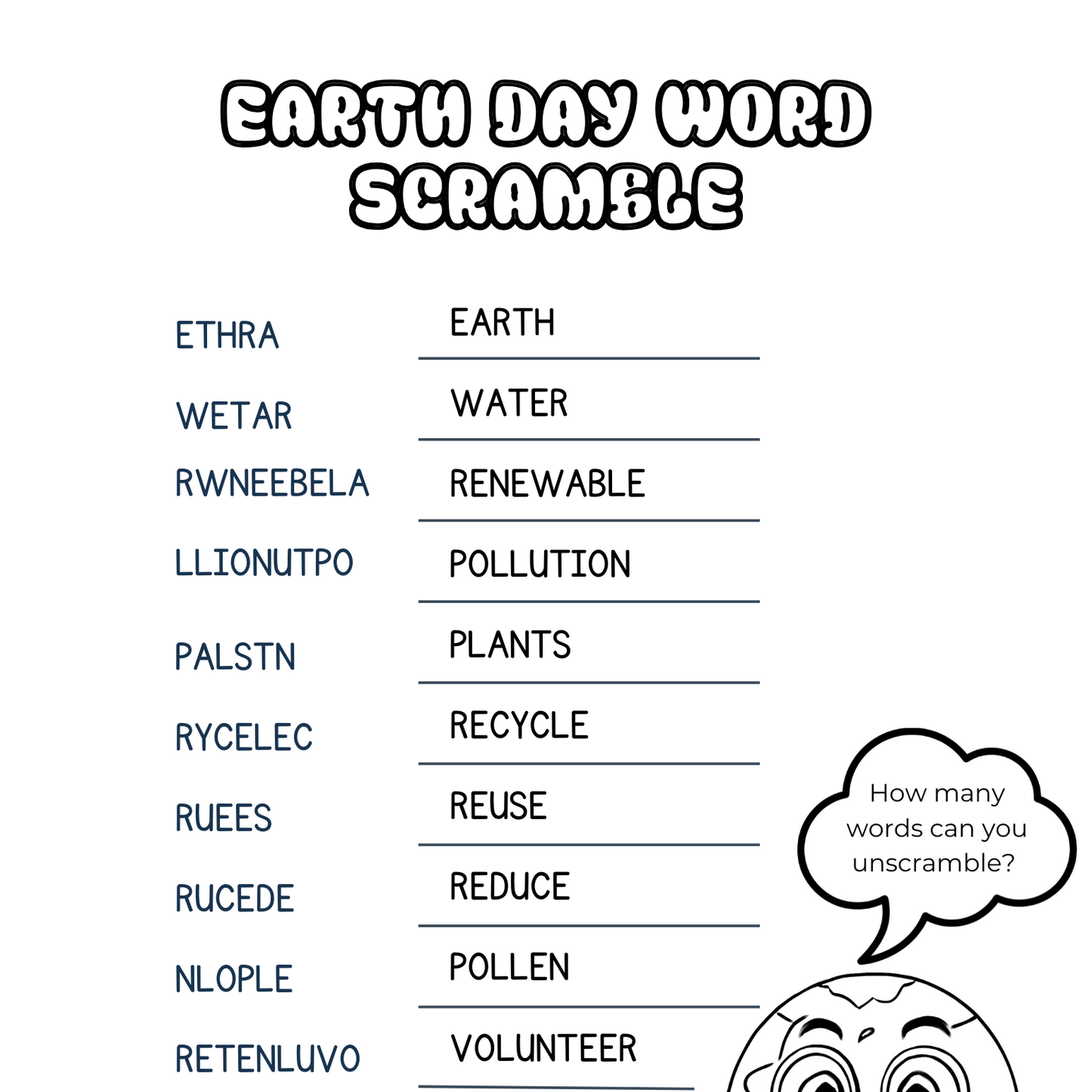 Earth Day Word Scramble Challenge| Grades 3-8